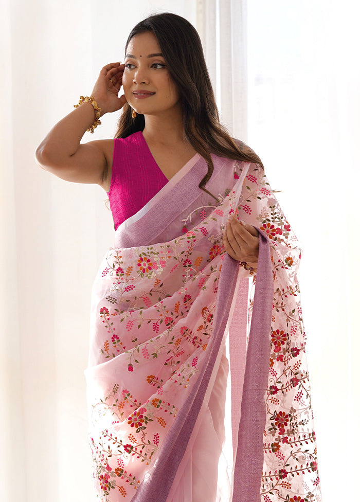 Pink Organza Saree With Blouse Piece Low Pice Sale Online