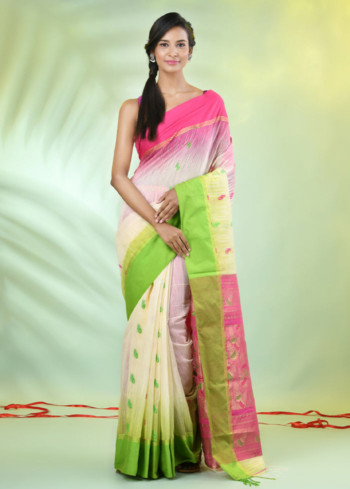 Off White Pure Cotton Saree With Blouse Piece Clearance Good Selling