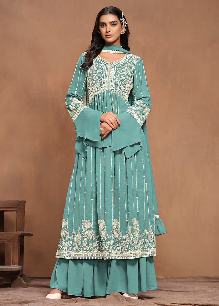 3 Pc Sky Blue Semi Stitched Georgette Suit Set Excellent Sale Online