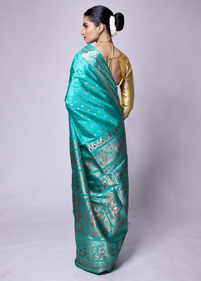 Green Handloom Baluchari Pure Silk Saree With Blouse Piece Discount Online Online