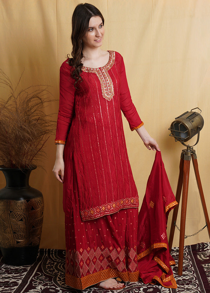 3 Pc Red Unstitched Silk Suit Set For Sale 2025