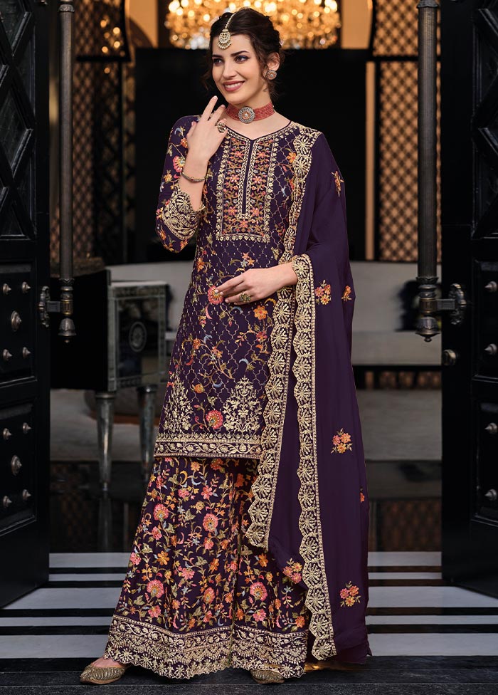 3 Pc Wine Semi Stitched Silk Suit Set Perfect For Sale