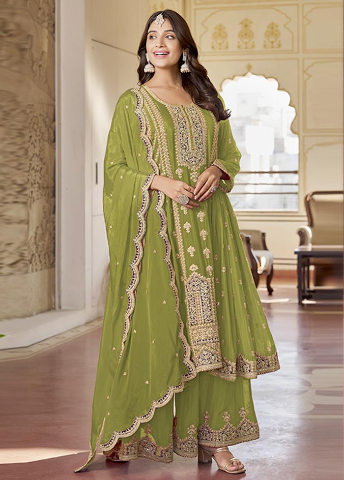 3 Pc Light Green Semi Stitched Silk Suit Set Top Quality Cheap Pice