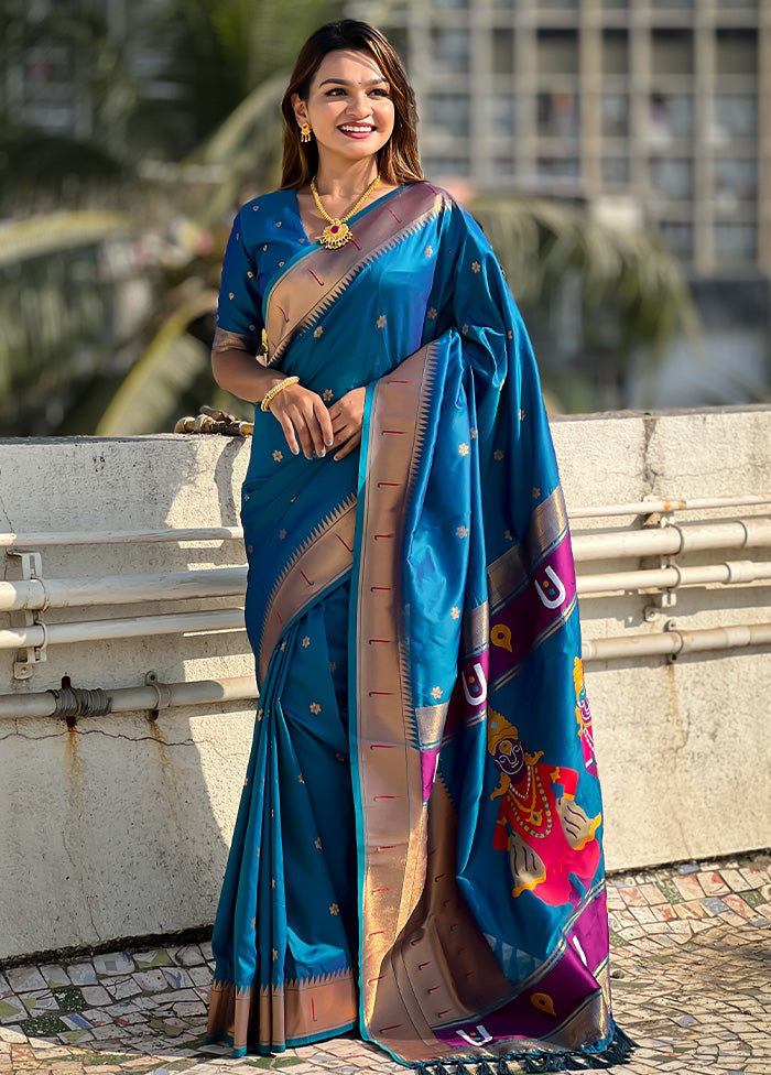 Blue Spun Silk Saree With Blouse Piece Pay With Paypal Online