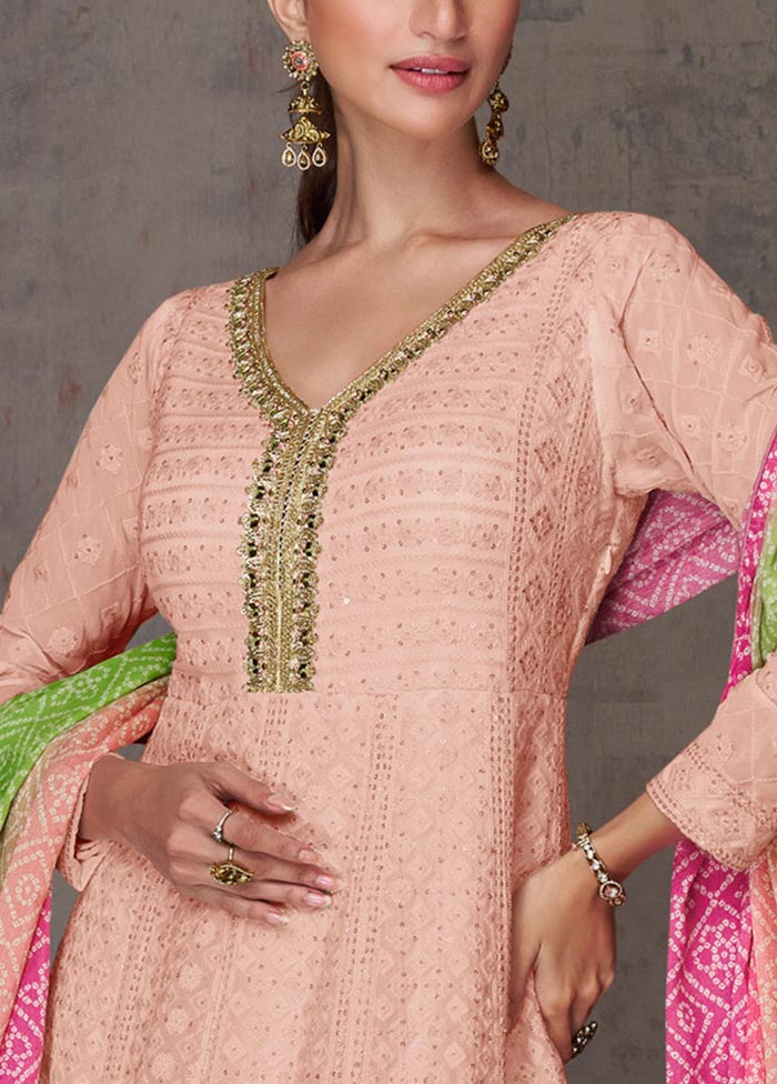 3 Pc Peach Semi Stitched Georgette Suit Set Order Cheap Pice