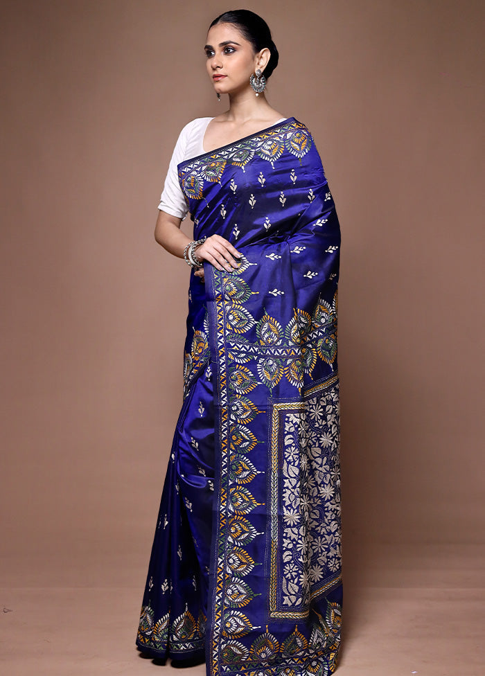 Blue Handloom Kantha Stitch Pure Silk Saree With Blouse Piece Clearance Online Fake