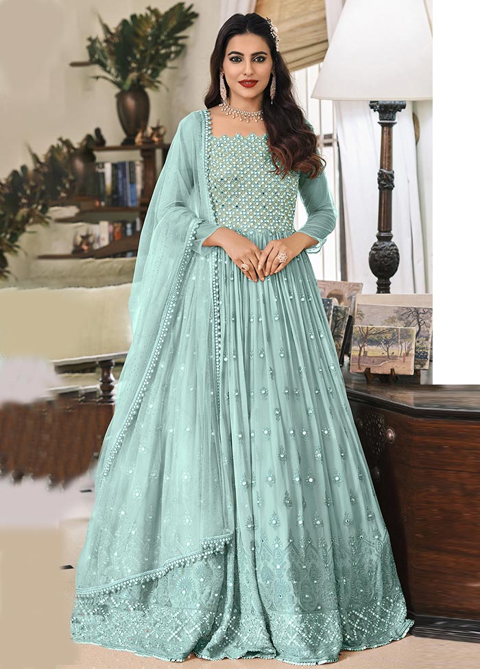 3 Pc Sky Blue Semi Stitched Georgette Suit Set Clearance Pictures