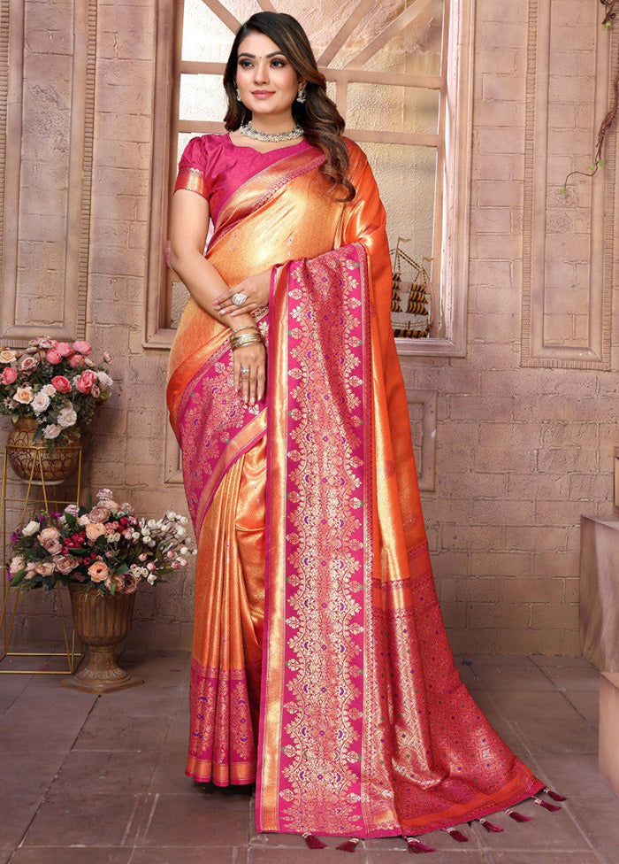 Orange Banarasi Silk Saree With Blouse Piece Limited Edition Cheap Pice