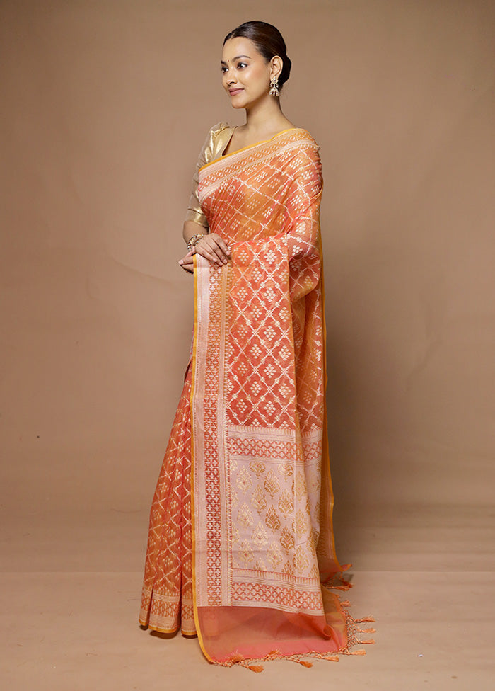 Orange Kora Silk Saree With Blouse Piece Cheap Sale From China