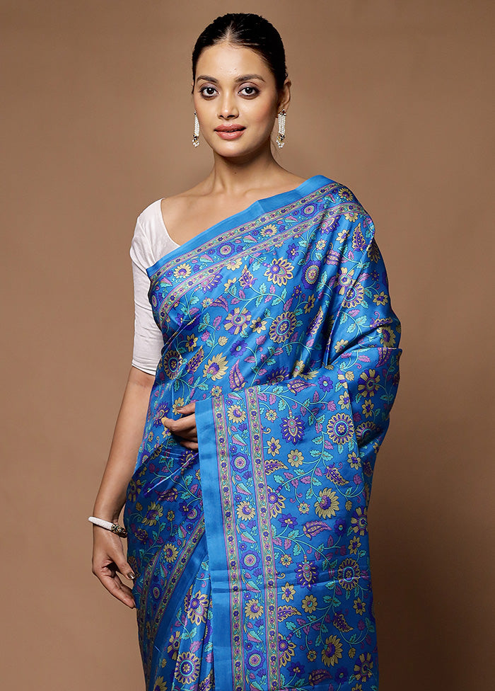 Blue Printed Pure Silk Saree Without Blouse Piece Sale Classic