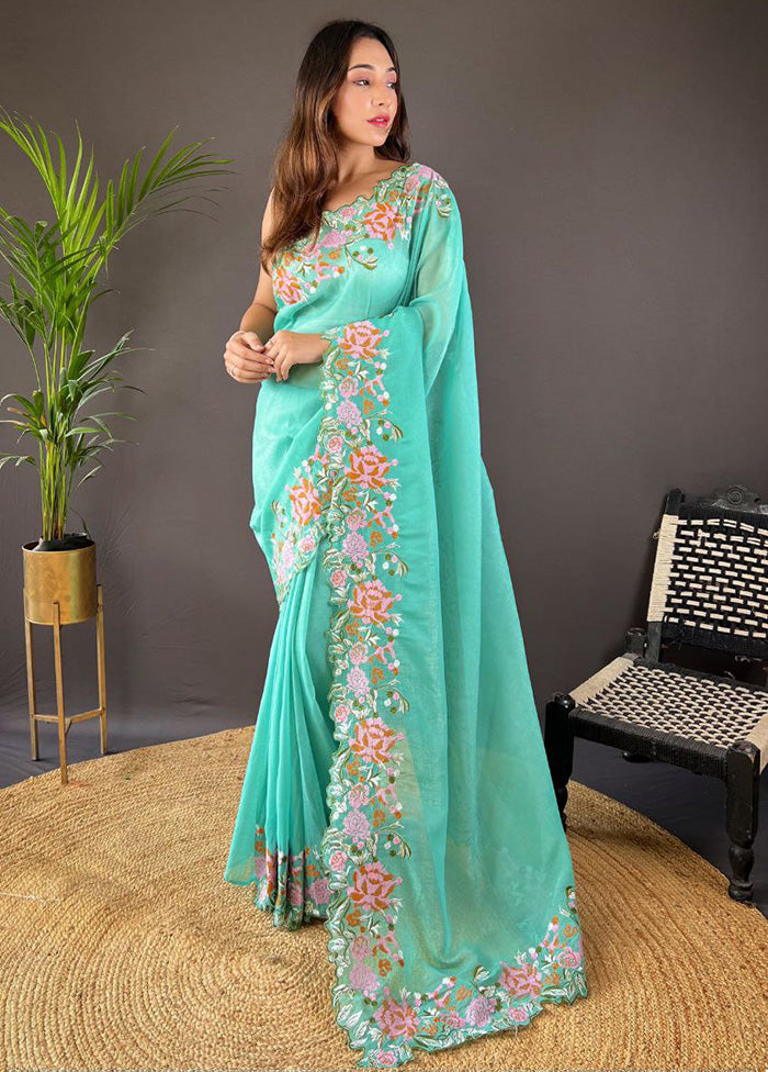 Sea Green Spun Silk Saree With Blouse Piece Discount Cheapest