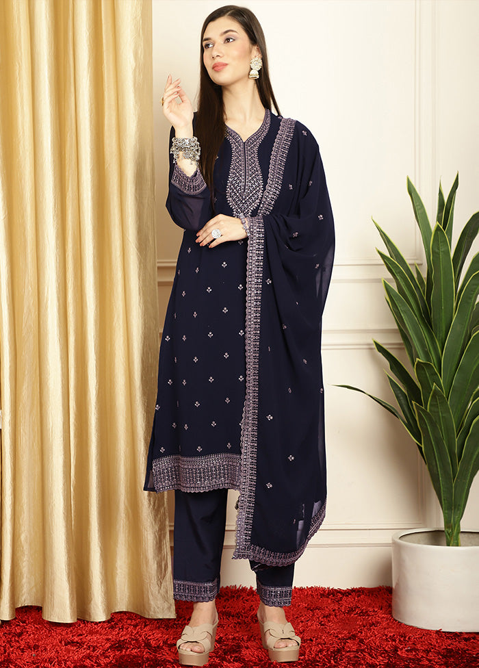 3 Pc Navy Blue Readymade Georgette Dupatta Suit Set Fashionable