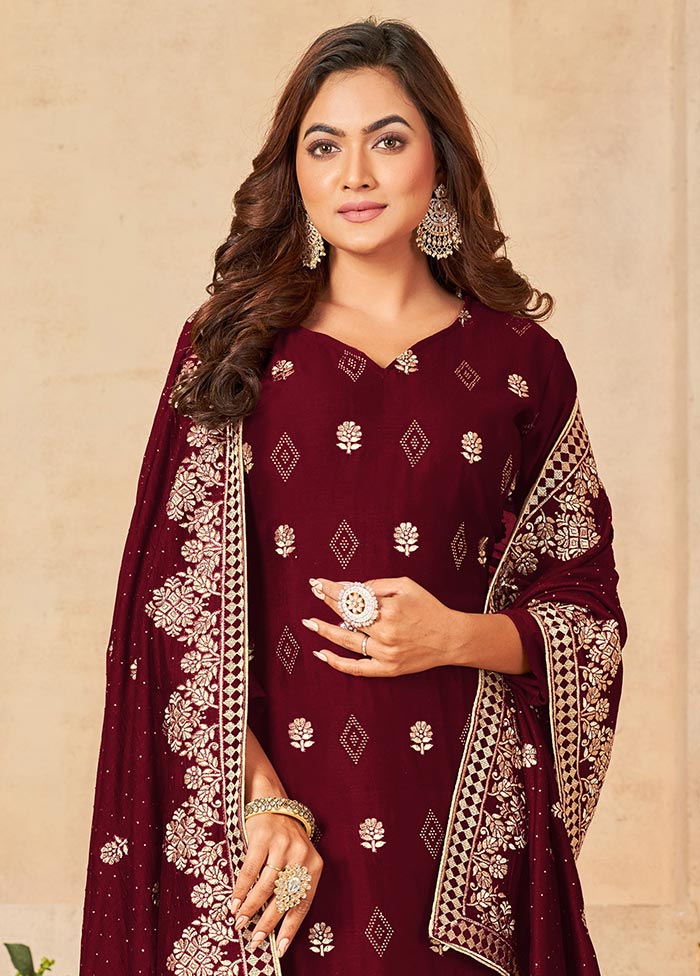 3 Pc Maroon Semi Stitched Georgette Suit Set Authentic Cheap Pice