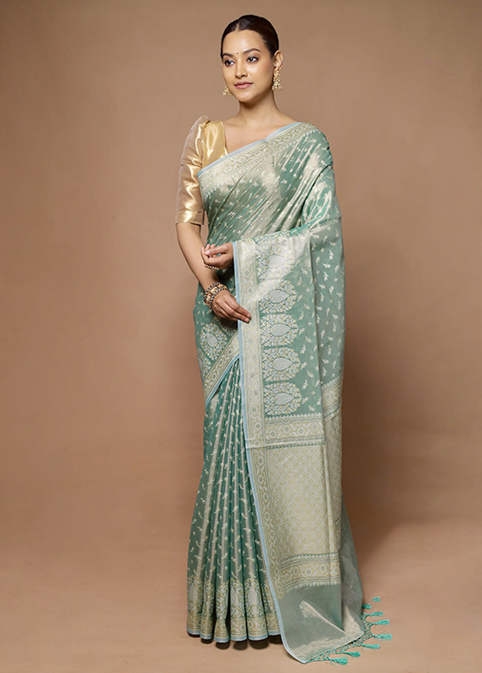 Green Tissue Silk Saree With Blouse Piece Clearance Big Discount