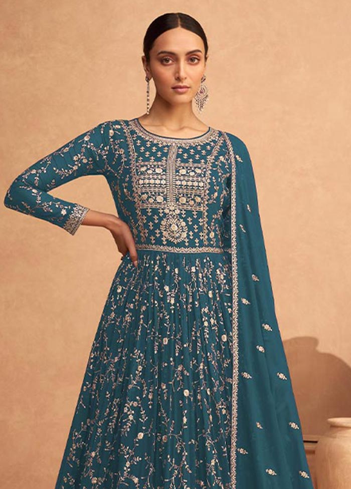 3 Pc Teal Semi Stitched Georgette Suit Set With Paypal Low Pice