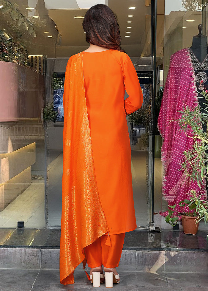 3 Pc Orange Readymade Viscose Dupatta Suit Set Store Sale Online