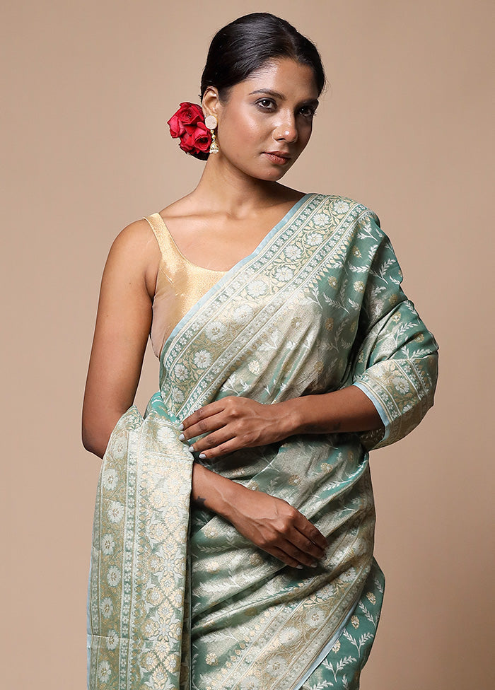 Green Tissue Silk Saree With Blouse Piece With Credit Card For Sale