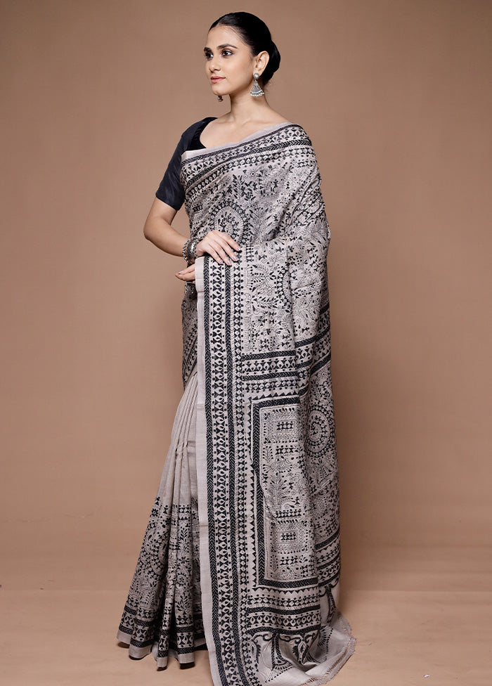 Grey Handloom Kantha Stitch Pure Silk Saree With Blouse Piece Buy Cheap Limited Edition