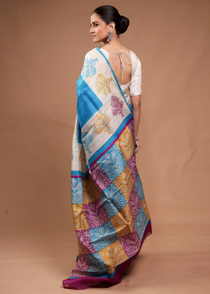 Blue Printed Pure Silk Saree Without Blouse Piece Sale High Quality