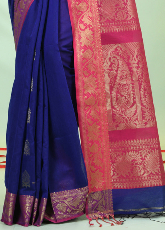 Blue Pure Cotton Saree With Blouse Piece Authentic For Sale