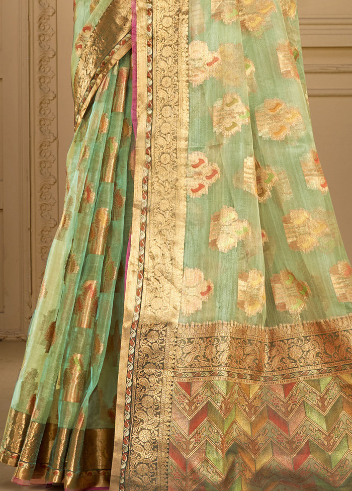 Pista Green Organza Saree With Blouse Piece Good Selling Online