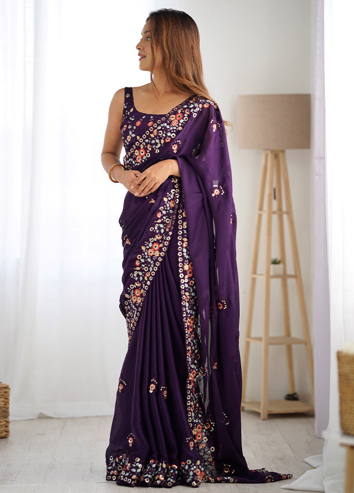 Purple Satin Silk Saree With Blouse Piece Online For Sale