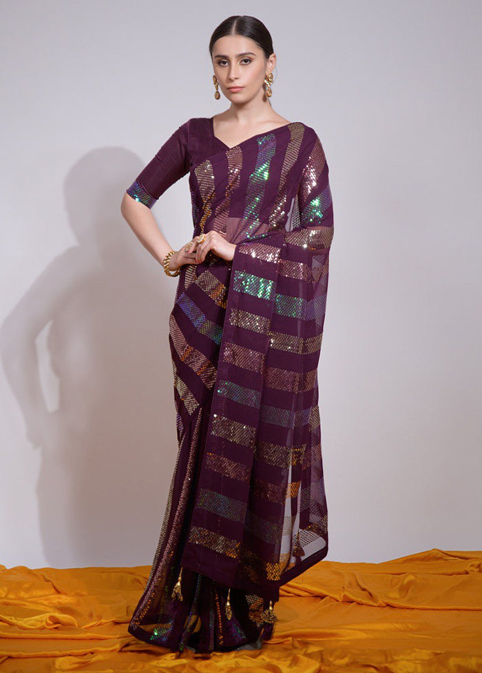 Wine Georgette Saree With Blouse Piece Buy Cheap Discount