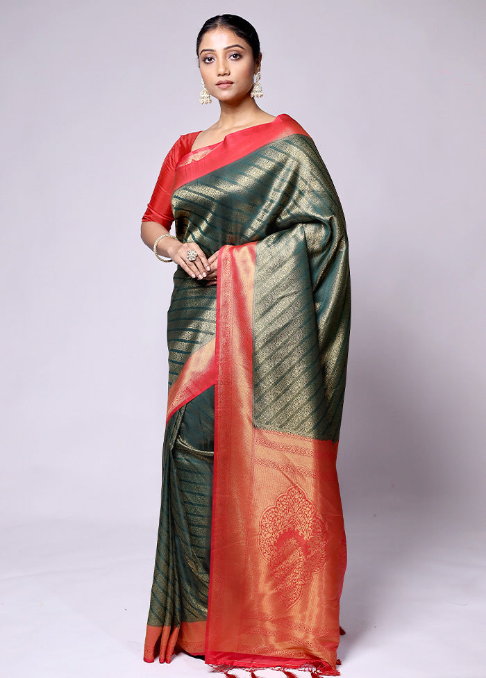 Green Dupion Silk Saree With Blouse Piece Outlet Pices