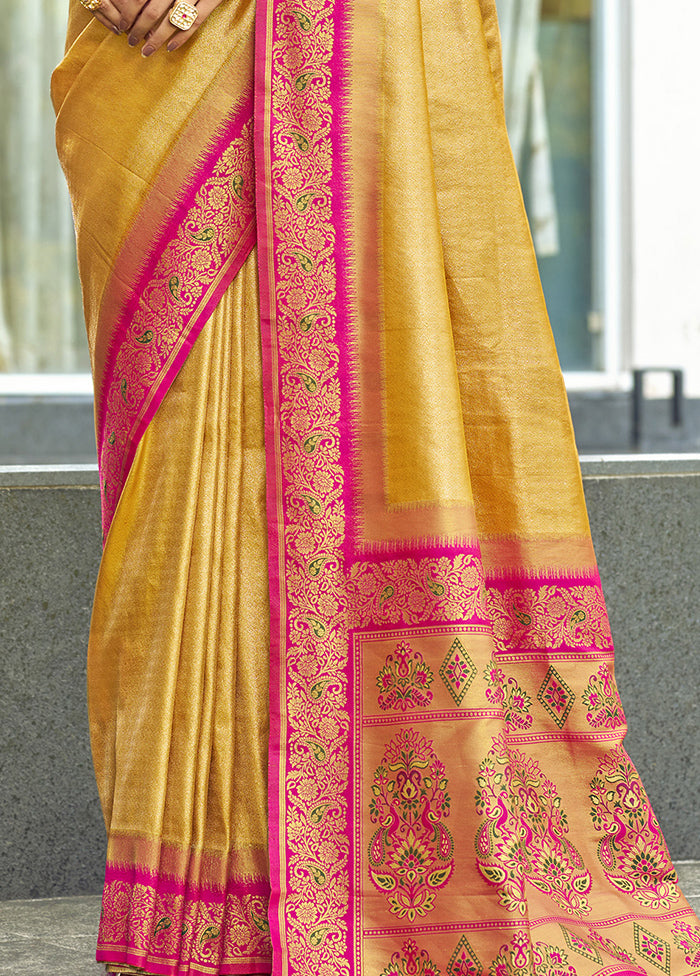 Yellow Dupion Silk Saree With Blouse Piece Cheap Sale Amazon