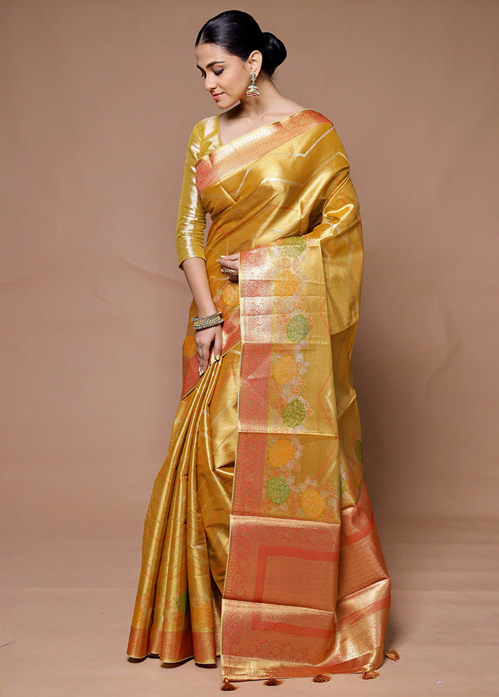 Yellow Tissue Silk Saree With Blouse Piece Clearance Low Pice