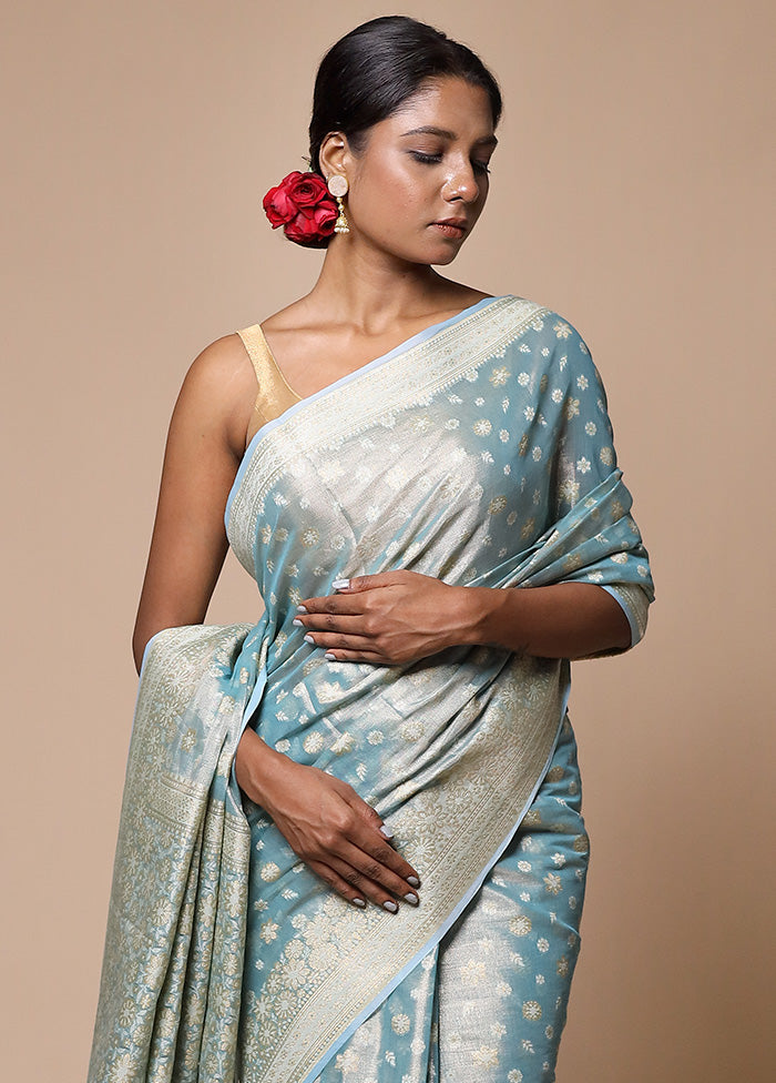 Blue Tissue Silk Saree With Blouse Piece Discount 2025 New