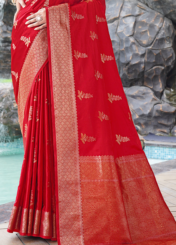 Red Satin Silk Saree With Blouse Piece Clearance Wholesale Pice