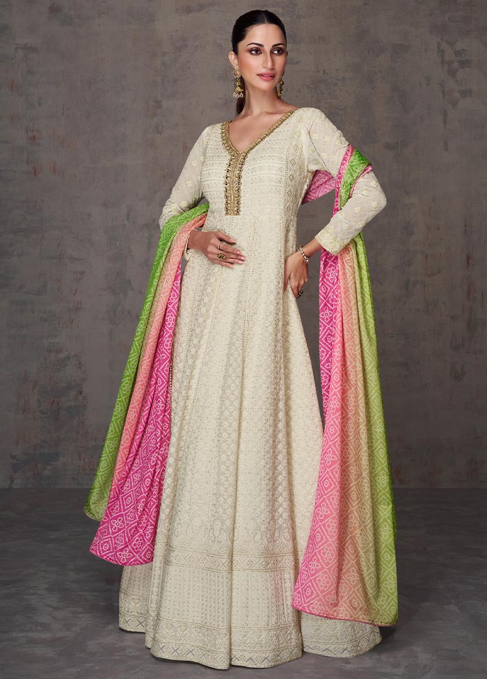 3 Pc Cream Semi Stitched Georgette Suit Set Outlet Sast