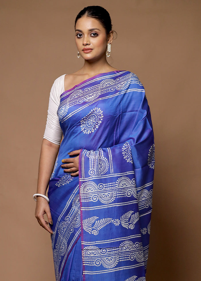 Blue Printed Pure Silk Saree Without Blouse Piece In China