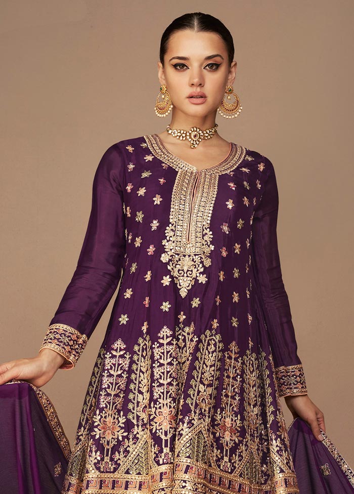 3 Pc Purple Semi Stitched Georgette Suit Set Brand New Unisex