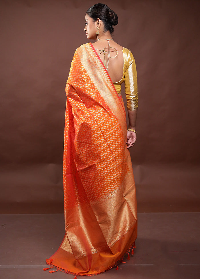 Orange Kora Silk Saree With Blouse Piece Cheap Sale Choice