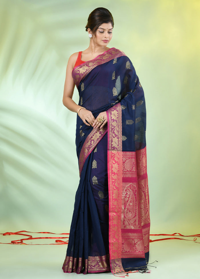 Navy Blue Pure Cotton Saree With Blouse Piece Choice For Sale