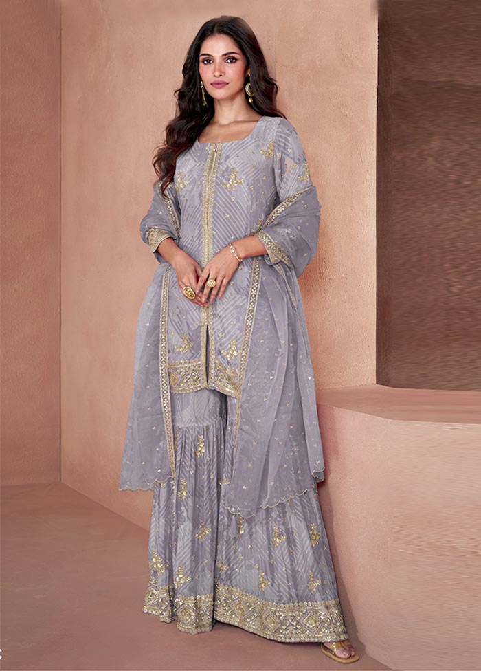 3 Pc Grey Semi Stitched Georgette Suit Set Cheap Sale Online