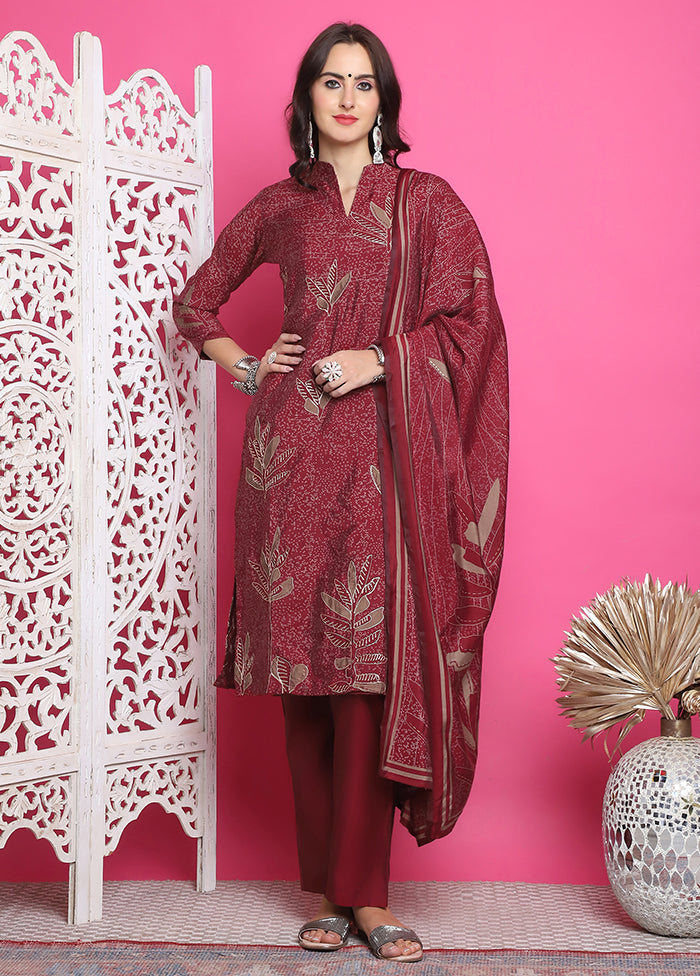 3 Pc Maroon Unstitched Silk Suit Set Cheap Sale Amazing Pice