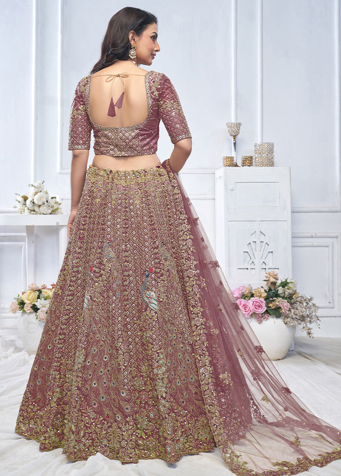 3 Pc Dark Purple Net Semi Stitched Lehenga Set With Mastercard Online