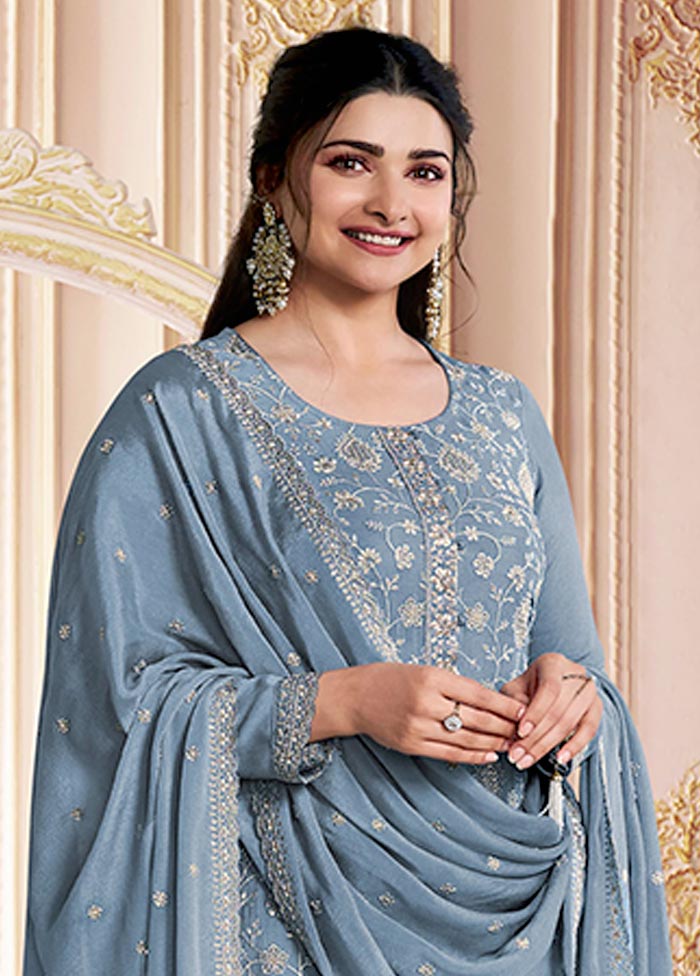 3 Pc Sky Blue Semi Stitched Silk Suit Set Online Online Cheap Online