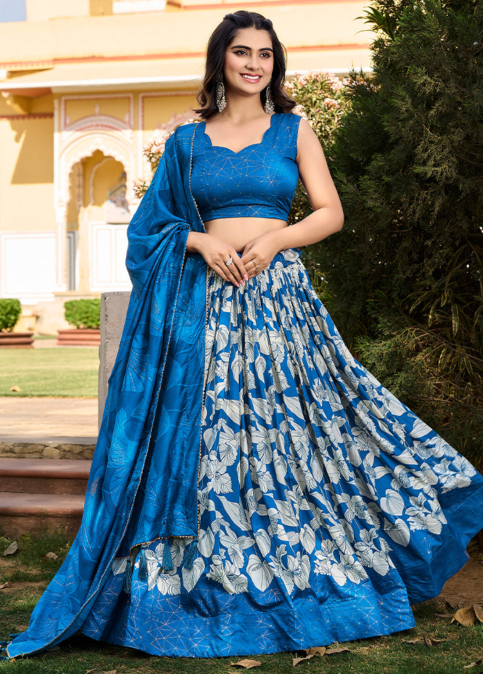 3 Pc Blue Silk Semi Stitched Lehenga Set Sale Classic