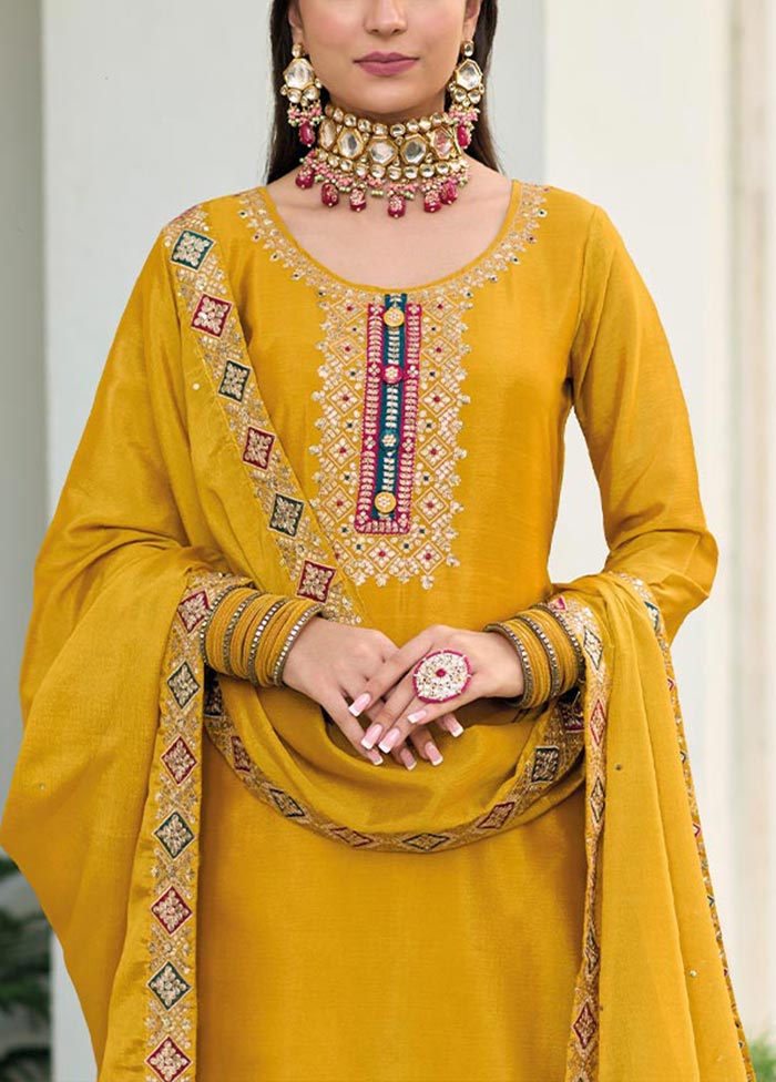 3 Pc Mustard Semi Stitched Georgette Suit Set Sale 2025 Unisex