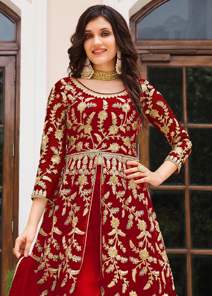 3 Pc Red Semi Stitched Net Suit Set Enjoy Cheap Online