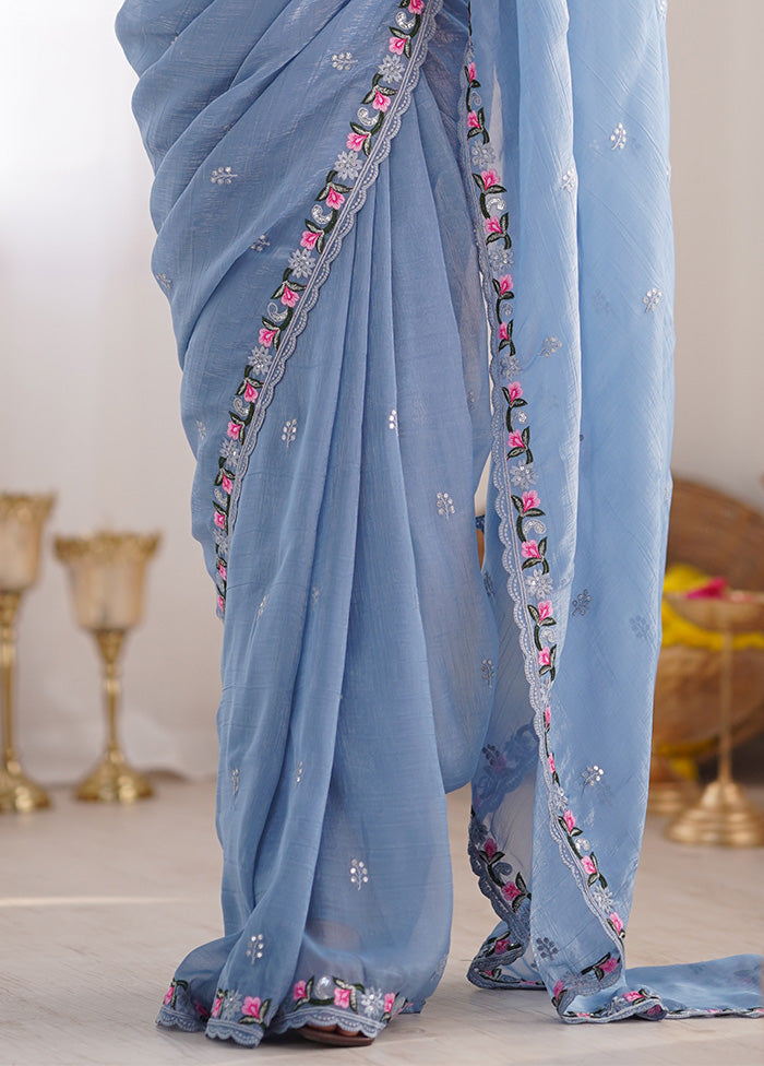 Sky Blue Spun Silk Saree With Blouse Piece Discount Release Dates