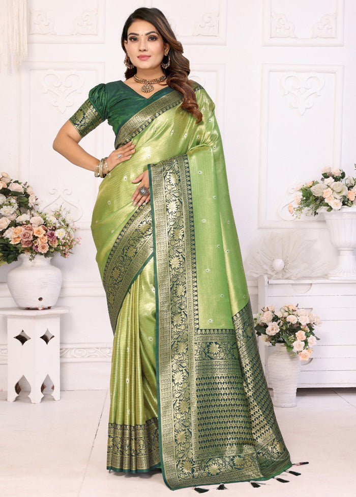 Pista Green Banarasi Silk Saree With Blouse Piece Cheap