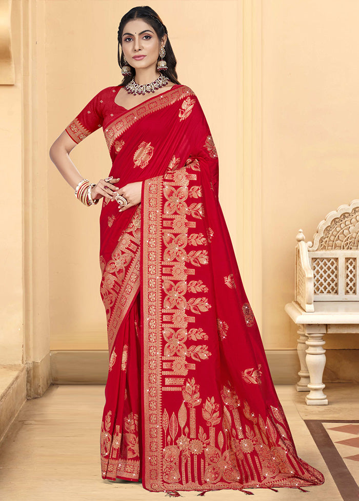 Red Spun Silk Saree With Blouse Piece Cheap Newest