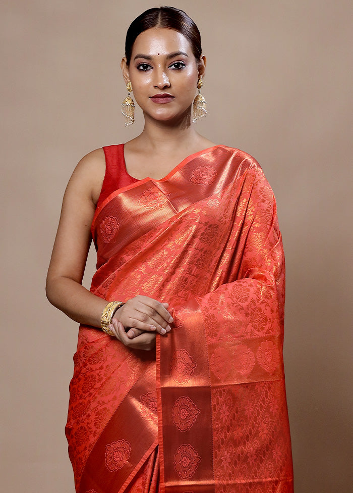 Peach Kanjivaram Silk Saree With Blouse Piece Cheapest Online