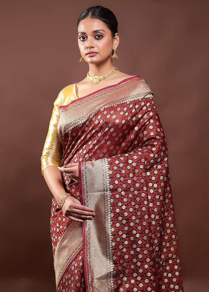 Wine  Kora Silk Saree With Blouse Piece Cheap Sale Outlet