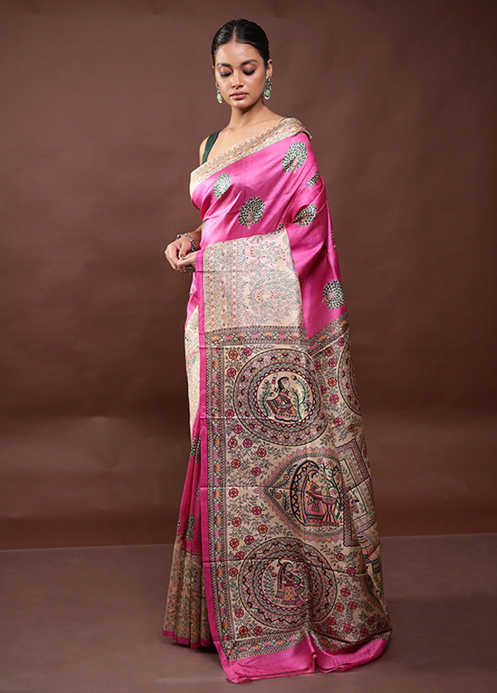 Pink Printed Pure Silk Saree Without Blouse Piece Quality Original